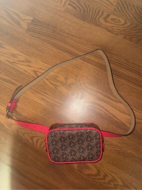 Michael Kors Brown Leather Monogram Crossbody Belt Bag with Red Trim